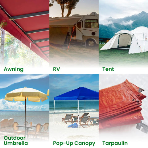 Waterproof Self Adhesive Patch Repair Tape Kit For Awnings Outdoor Canopies Tents RVs Canvas And Boat Covers displayed on various outdoor settings including awning, RV, tent, umbrella, canopy, and tarpaulin.