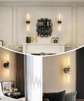 Mermiviok Matte Black Wall Sconces Set of 2, Clear Glass Vanity Lights installed in modern living spaces.