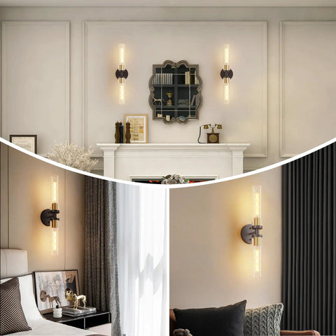 Mermiviok Matte Black Wall Sconces Set of 2, Clear Glass Vanity Lights installed in modern living spaces.
