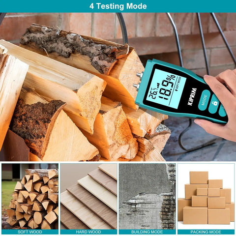 Pin Type Moisture Meter For Wood Walls Drywall Concrete And Paper With Digital LCD Readout Temperature In C F Hold Function Four Material Modes And Replacement Pins Included WM02 Pro Grade Handy Tool For Quick Accurate Readings. Soft wood moisture test