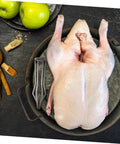 Raw duck on pan with Stainless Steel Peking Duck Keeping Tool For Even Cooking, spices, and apples, ready for roasting.