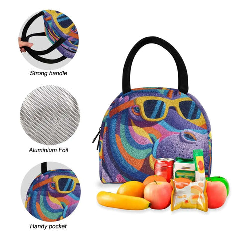 Colorful insulated lunch bag with strong handle and aluminum foil interior, featuring a vibrant animal design and assorted snacks.