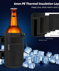 Universal Cup Holder For 8 To 32 Oz Bottles With Net Pockets And Hook And Loop Straps, shown with insulation and ice cubes.