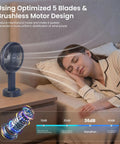 Woman sleeping next to Ultra Quiet 6 Inch Handheld Personal Fan With 6 Speeds Rechargeable Battery on a nightstand