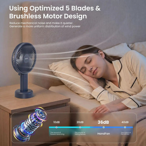 Woman sleeping next to Ultra Quiet 6 Inch Handheld Personal Fan With 6 Speeds Rechargeable Battery on a nightstand