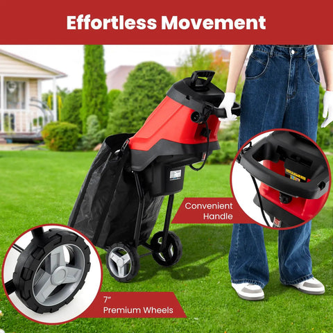 Powerful 15 Amp Corded Wood Chipper Shredder with 15 to 1 Reduction, Plunger, Collection Bag, and Wheel Kit for easy movement