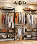Industrial Pipe Wall Mounted Garment Rack With Walk In Closet System, Four Expandable Rods And Six Adjustable Shelves