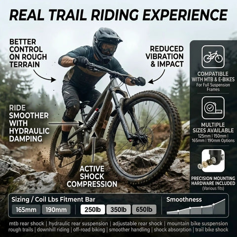 Mountain biker using 190mm Rear Shock Absorber for Full Suspension Mountain Bike, 450 Pound Hydraulic Coil Spring, rugged trail.