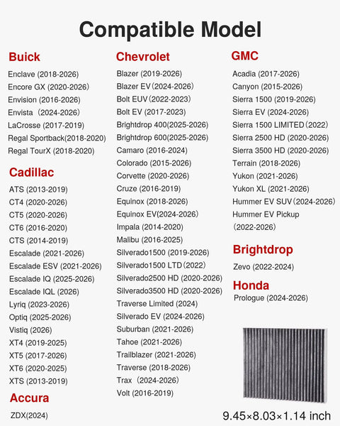 Cabin Air Filter With Activated Carbon For Buick Enclave Encore GX Envision Regal LaCrosse Cadillac GMC Bolt EV Camaro Colorado Replacement For CP966 CF11966 Odor Blocking Keeps Bad Odors Out Fresh Air Inside with compatible model list.