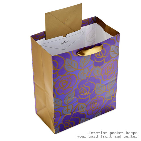 Large Purple Floral Gift Bag With Gold Foil Accents, Satin Ribbon Handles, And Purple Tissue Paper, 13 Inch Tall, open with card inside