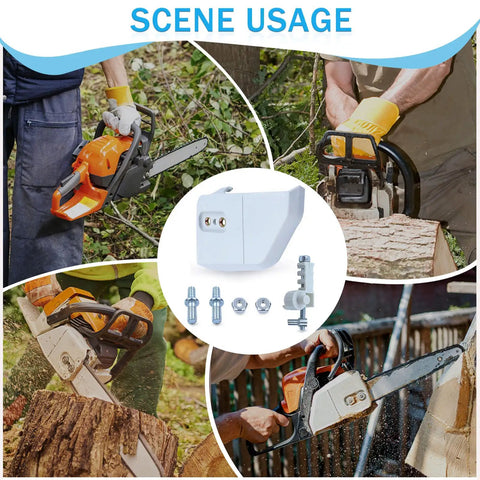 Chainsaw with Sprocket Cover With Adjuster Tensioner Stud Nut For STIHL MS170 MS180 MS210 MS230 MS250 in use, featuring components.