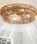 Keep Your Living Area Chill With This Dope Boho Rattan Ceiling Fan With Integrated Light And Flush Mount Low Profile Design Crafted For Smooth Airflow And Cozy Indoor Vibes Every Day, featuring handwoven rattan shade and integrated lighting.