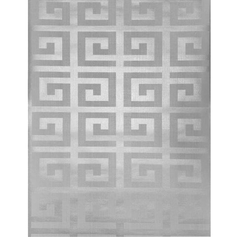 Modern Geometric Greek Key Wallpaper With Metallic Matte Finish Premium Washable Removable Wall Covering For Accent Walls Bathrooms And Basements Double Roll shown in gray silver pattern.