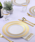 Kick Back Without The Hassle Using This Heavy Duty Gold Disposable Dinnerware Set For 25 Guests With Plates Cups Napkins Silverware Bpa Free Party Pack For Weddings And Block Parties, featuring gold rimmed plates and cutlery.