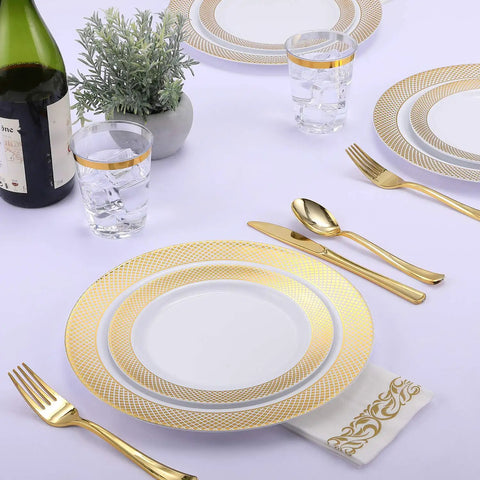 Kick Back Without The Hassle Using This Heavy Duty Gold Disposable Dinnerware Set For 25 Guests With Plates Cups Napkins Silverware Bpa Free Party Pack For Weddings And Block Parties, featuring gold rimmed plates and cutlery.