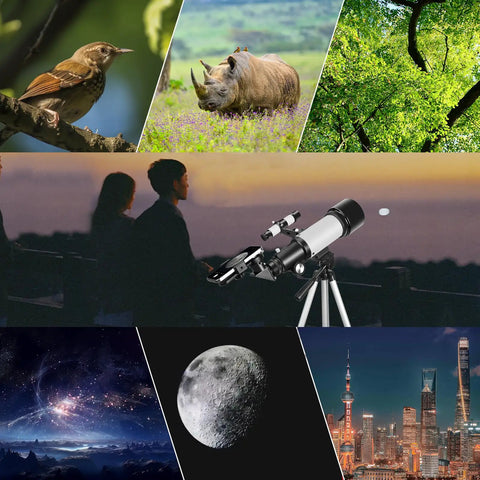 Noob-Friendly 70mm Refractor Telescope For Beginners And Kids, 400mm Focal Length Travel Scope With AZ Mount, Observe The Moon And Scenic Landscapes, Lightweight White Body With High-Transmittance Optics, Easy Setup, on tripod with phone adapter