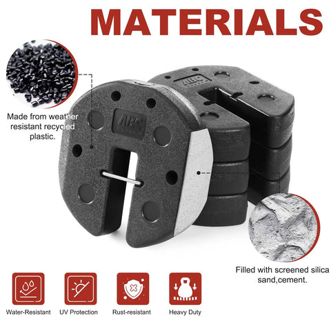 Heavy Duty Canopy Weights Set With Lock Design Pre Filled Cement 4 Pack Totaling 26.4 Lbs showing recycled material and sand fill.