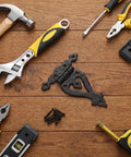 Vintage Antique Cast Iron T Hinges For Cabinet Doors 5 Point 3 Inch heavy duty shown with tools on wooden surface.