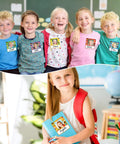 Children displaying 36 Piece Kids Photo Nameplates For Desks With Photo Space Up To 2.4 By 2.75 Inches in bright classroom