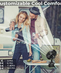 Couple enjoying wine outdoors with 10000mAh Clip On Fan With 42 Hour Run Time Beast Mode Cooling Quiet Auto Oscillating Desk Fan nearby