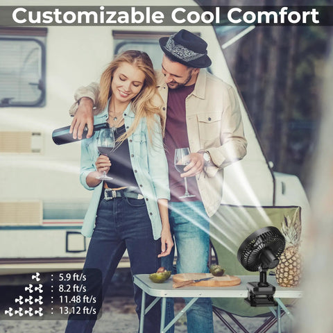Couple enjoying wine outdoors with 10000mAh Clip On Fan With 42 Hour Run Time Beast Mode Cooling Quiet Auto Oscillating Desk Fan nearby