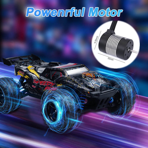 RC car with 3650 5900KV Sensorless Brushless RC Motor 120A ESC and Program Card Set, racing on colorful track
