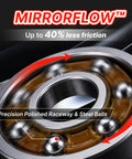 Precision 608 Skateboard Bearings With Red Rubber Seals Roll Clean On Rough Asphalt High Load Cage Takes Gnarly Landings Smooth As Butter Built Tough For Street Sessions Eight Pack close-up of polished bearing with steel balls and red rubber seals.