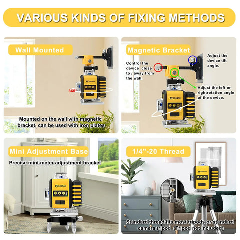 4x360 Degree Laser Level With 16 Green Beams Self Leveling Line Laser For DIYers And Pros, showing fixing methods: wall mounted, magnetic bracket, mini adjustment base, 1/4-20 thread.