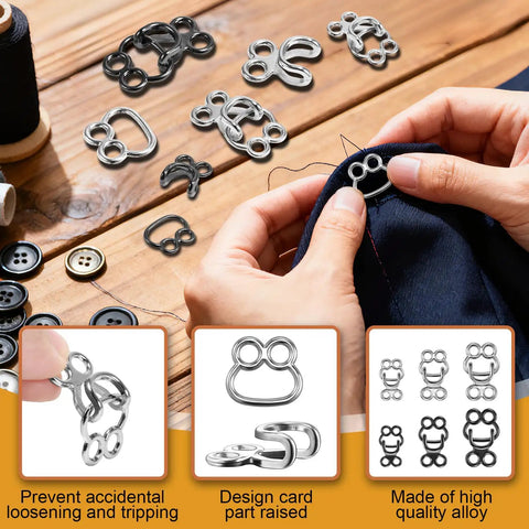 Top Shelf Sewing Hooks And Eyes Replacement Kit For Garments, durable metal clasps shown in hand sewing fabric.