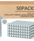 Box and stack of 50 pack half inch by four inch concrete screws heavy duty galvanized anchors for masonry brick block decking framing.