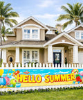 Hello Summer Banner 118 By 20 Inches Outdoor Beach Theme Party Decor With Flamingo And Tropical Fruit Design on a white fence