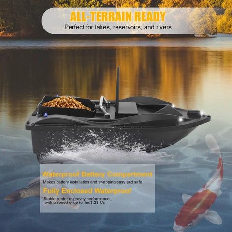 RC Fishing Bait Boat with GPS Positioning Long Range Remote Control in water displaying waterproof battery compartment