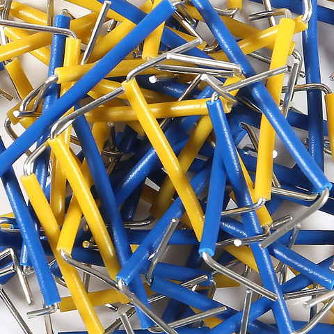 Close-up of blue and yellow insulated jumpers from 560 Piece Breadboard Jumper Wire Kit With 14 Lengths In Assorted Colors.