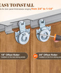 Close-up of Six Piece Sliding Closet Door Hardware Kit With Front And Rear Rollers installation showing offset rollers and screwdriver.