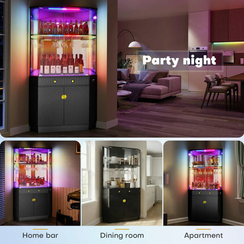 71 Inch Tall Corner Bar Cabinet With App Control And Motion Sensor LED Lighting in a modern home bar setup