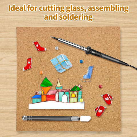 12 By 12 By 0.5 Inch Stained Glass Work Surface Cutting Mat Heat Resistant Starter Kit With Tools For Tabletop And Countertop Protection Durable Non Slip Easy To Clean Pro Grade Glass Cutting Surface shown in use with stained glass pieces and tools for glass cutting and soldering.