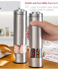 Battery Operated Salt And Pepper Grinder Set With Light Stainless Steel Mills on a kitchen table, auto one-handed use