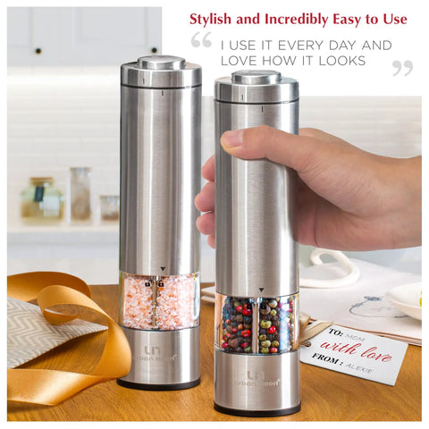 Battery Operated Salt And Pepper Grinder Set With Light Stainless Steel Mills on a kitchen table, auto one-handed use