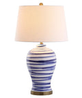 Blue And White Ceramic Table Lamp 29 Inch Tall With White Linen Shade For Living Room Bedroom Or Office Coastal Vibe Modern Nightstand Lamp With Energy Saving LED Bulb Included