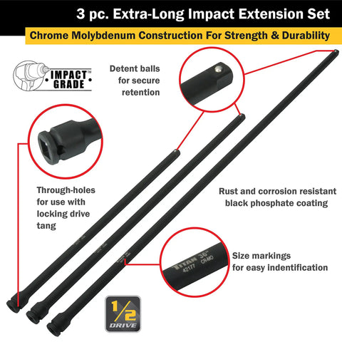 3 Piece Half Inch Drive Extra Long Impact Extension Set With 18 Inch, 24 Inch And 36 Inch Extensions, Detent Ball Retention For Secure Socket Fit, Chrome Moly Construction With Black Phosphate Finish For Built To Last Durability