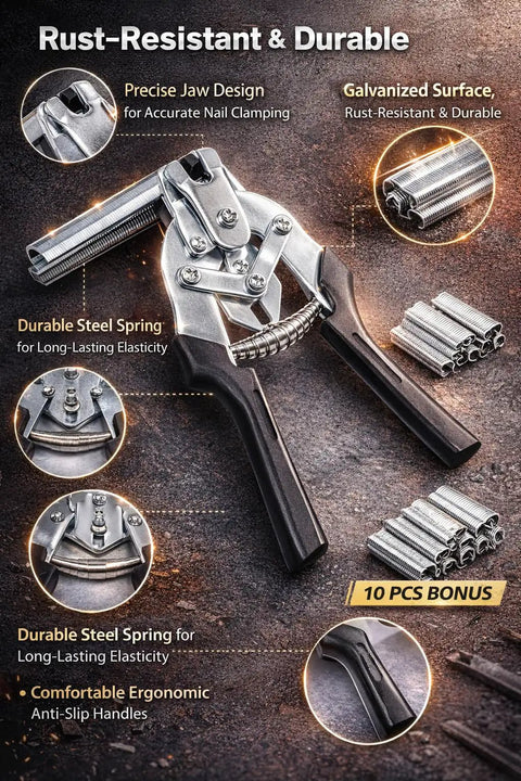 Heavy Duty Hog Ring Pliers Kit With 600 Galvanized Hog Rings - Workhorse Manganese Steel Tool features close-up of pliers and rings