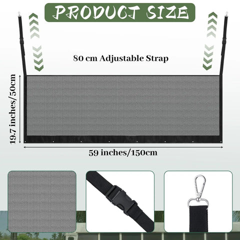 Adjustable RV Bunk Bed Safety Net Heavy Duty Polyester Mesh Guard Rail For Camper Motorhome Trailer showing product size and features.
