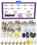 Sixteen Sets Of Eight Type B Potentiometers Featuring 1K 5K 10K 50K 100K 250K 500K And 1M Ohm Six Pin Split Shaft Rotary Linear Dual Taper Aluminum Alloy Knob Variants Plus Washers And Nuts Kit in a plastic storage box with compartments.