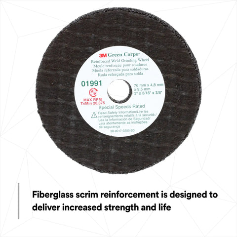 Green Corps Pro Grade Reinforced Weld Grinding Wheel 3 In Diameter, 0.22 In Thick, 3/8 In Arbor, 5 Pack shown with label.