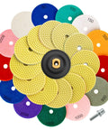 Pro Grade 15 Pack 4 Inch Diamond Polishing Pads Kit With Five Eighths To Eleven Backer Pad And Wool Felt Buffing Pad, Grit Range 50 To 8000