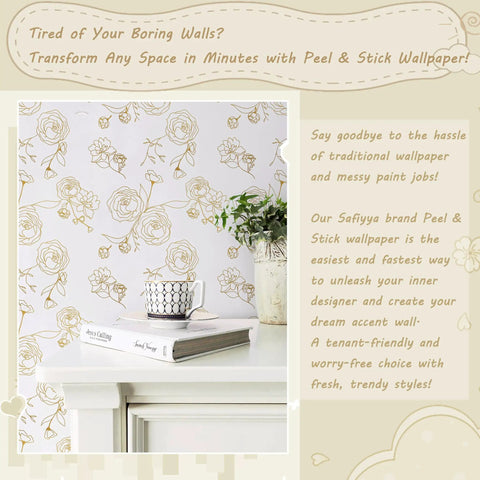 Gold And White Floral Peel And Stick Wallpaper Self Adhesive Removable Covering For Bedroom 393x17.3 Inches Vinyl Roll Easy Install