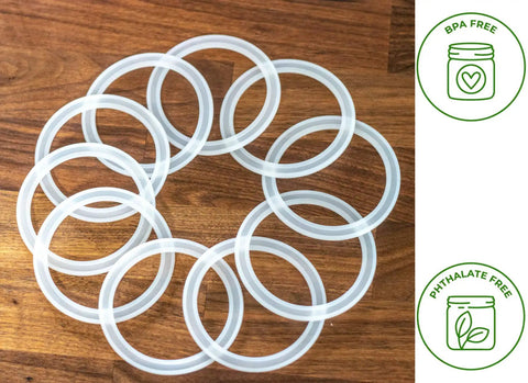 10 Pack Wide Mouth Platinum Silicone Sealing Rings Gaskets For Mason Jar Lids Leak Proof And Air Tight Reusable Seals Durable Fits 3 Inch Wide Mouth Jars For Fresh Food Storage And Easy Preserving, 10 reusable 3-inch silicone rings on wood