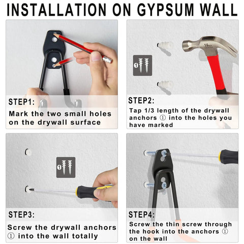 Installation guide for Beefy Steel Garage Storage Hooks Pack Of 16 With Anti Slip Coating And Reinforced Plates on gypsum wall
