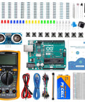 Beginner Friendly Arduino Uno R3 Lab Starter Kit With Multimeter, 34 Projects, components displayed including multimeter and breadboard.