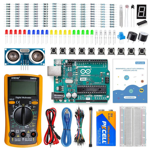 Beginner Friendly Arduino Uno R3 Lab Starter Kit With Multimeter, 34 Projects, components displayed including multimeter and breadboard.